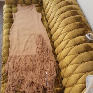 Missguided Bodycon Tan Knit Tank Dress With Fringe Slit And Bottom